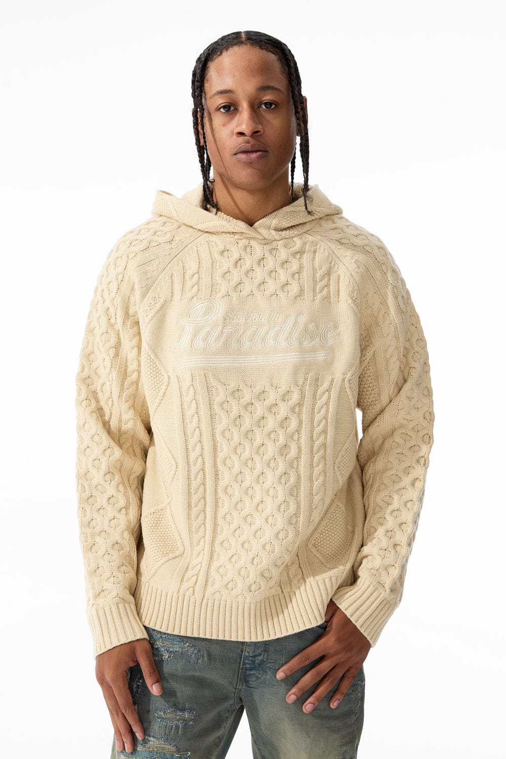 JORDAN CRAIG CABLE KNIT HOODED SWEATER (CREAM)