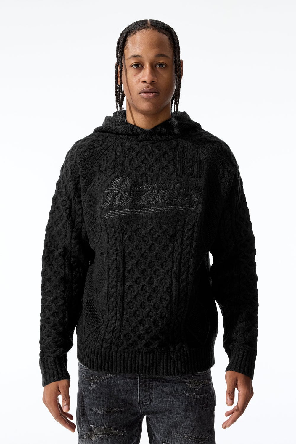 JORDAN CRAIG CABLE KNIT HOODED SWEATER (BLACK)