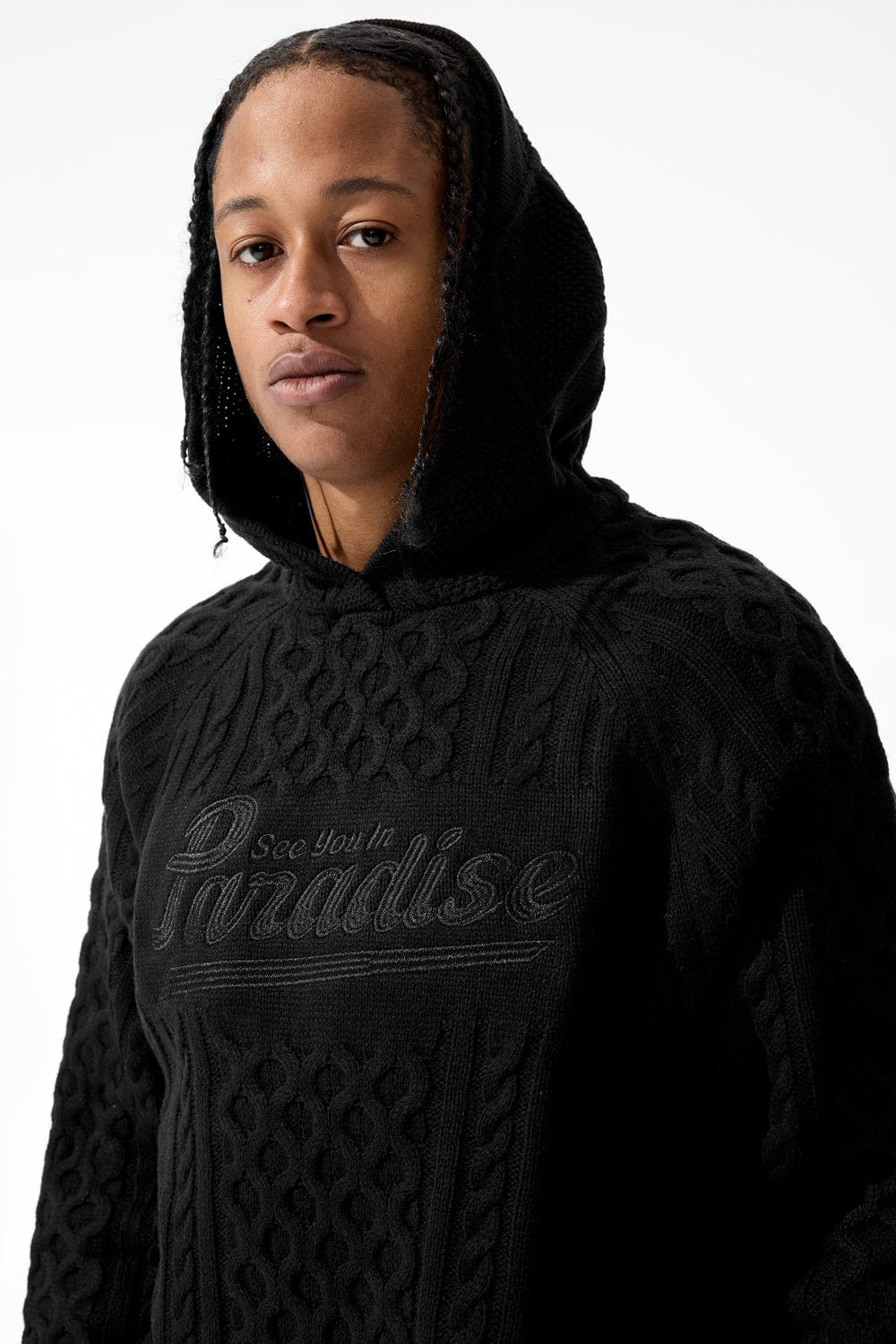 JORDAN CRAIG CABLE KNIT HOODED SWEATER (BLACK)