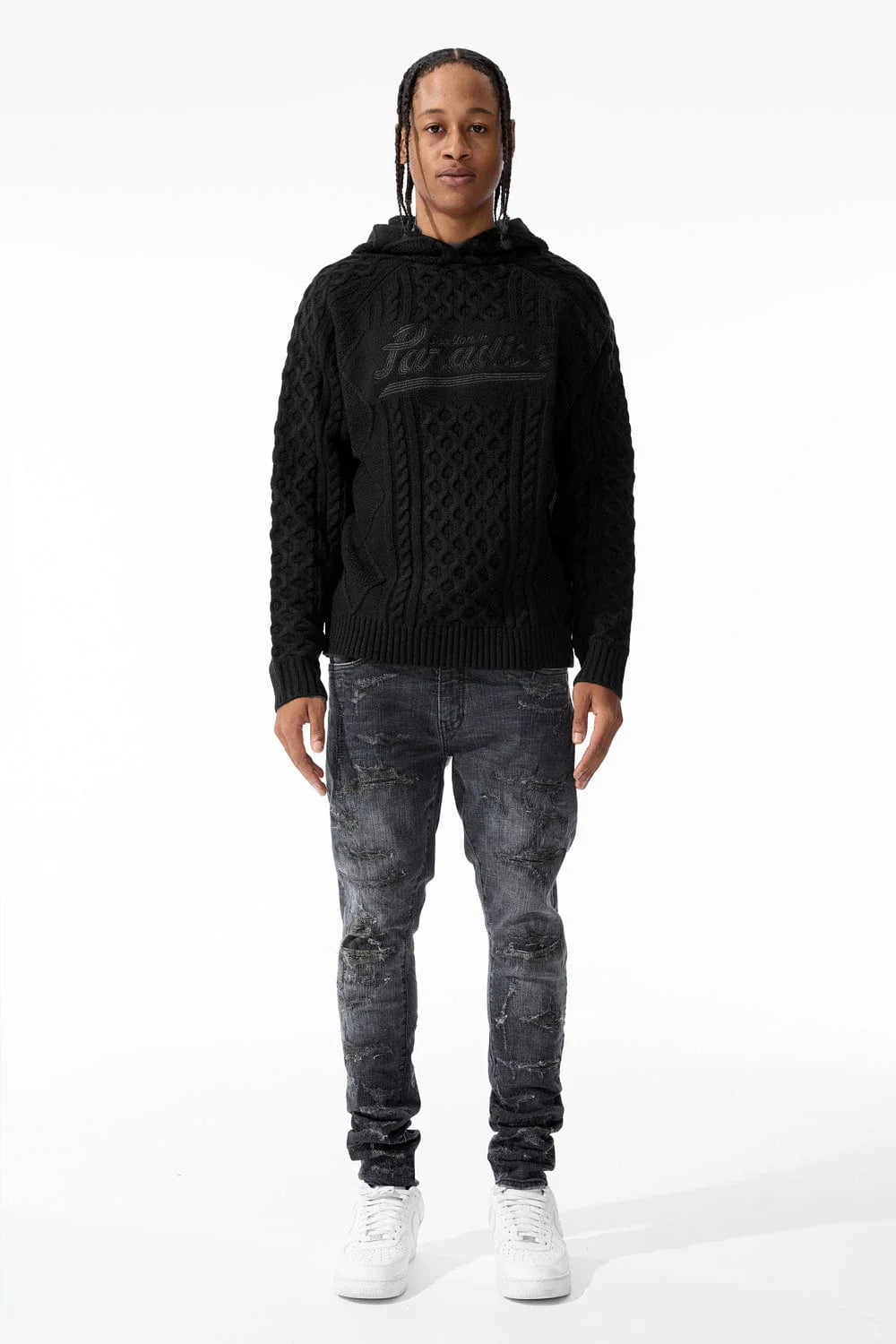 JORDAN CRAIG CABLE KNIT HOODED SWEATER (BLACK)